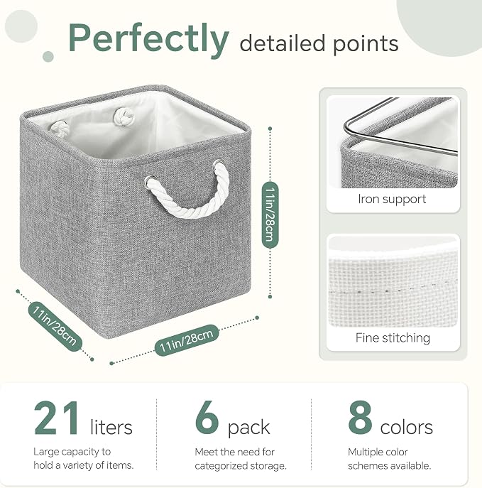 FinishingBo 11 inch Cube Storage Bin with Handles 6 Pack | Foldable Basket, Fabric Storage Bins, Closet Storage, Home Organizer (Gray)