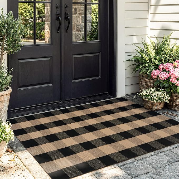 OJIA Buffalo Plaid Checkered Rug Fall Outdoor Rugs 3'x5' Welcome Door Mats | Washable Small Outdoor Porch Rug Carpet Cotton Door Mat Outside Entrance Layered Doormats for Patio/Farmhouse/Entryway/Foyer