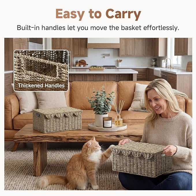StorageWorks Scalloped Edge Wicker Basket, Seagrass Storage Baskets for Living Room, Bedroom, 15" L x 11 ¼" W x 7" H