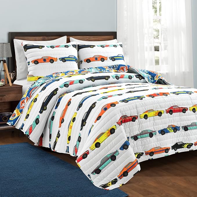 Lush Decor Race Car Kids' 2-Piece Quilt Bed Set, Reversible Bedding Set for Boys, White, Twin