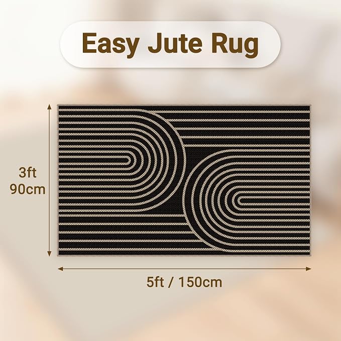 Faux Jute Rugs for Entryway, 3' x 5' Indoor Outdoor Rug, Black Farmhouse Washable Ultra-Thin Non-Slip Area Rug for Foyer, Backdoor, Living Room, Kitchen, Bedroom, Balcony