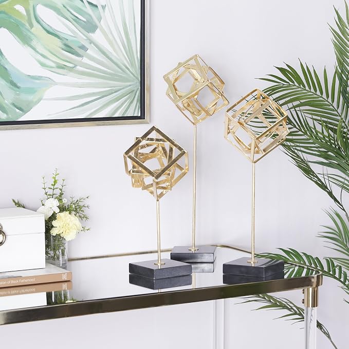 CosmoLiving by Cosmopolitan Marble Geometric Decorative Sculpture Home Decor Statues with Marble Base, Set of 3 Accent Figurines 19", 16", 13"H, Gold