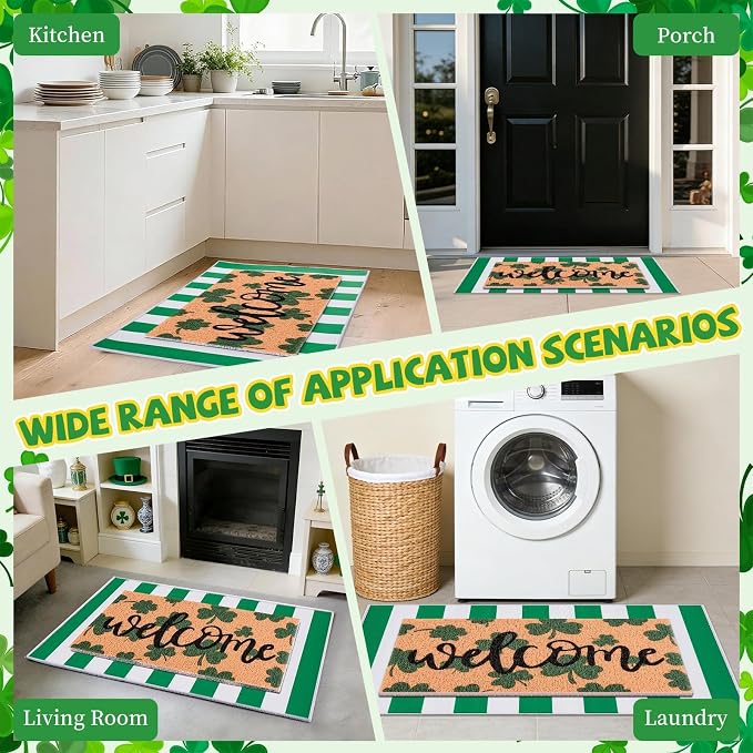 2 Pcs St. Patrick's Day Doormat Shamrock Pattern Welcome Door Mat Non Slip Coir Mat White & Green Striped Layering Mat for St. Patrick's Day Front Door Porch Entryway Decor 23.6 x 31.5 Inch