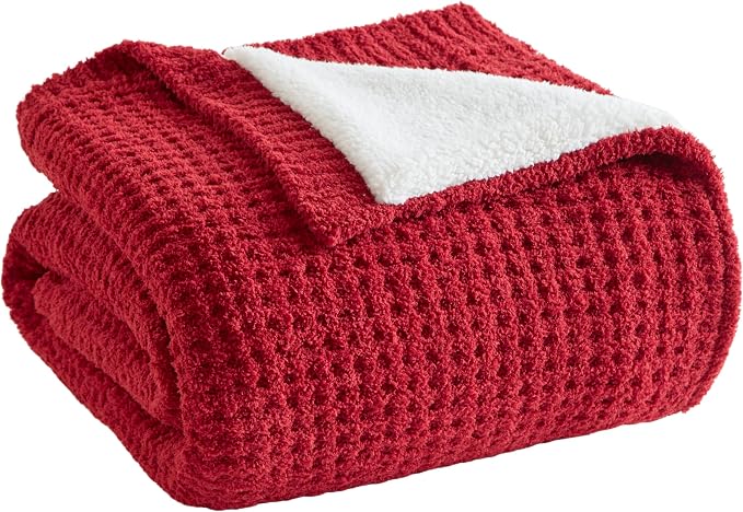 Madison Park Rowan Sherpa Throw Blanket Waffle Weave, 50 x 60, Red | Cozy Warmth for Sofa or Bed, Reversible, Lightweight, Farmhouse, OEKO-TEX Certified