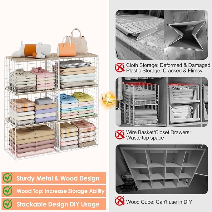 6 Pack Extra-Long Closet Organizers and Storage with Top Board, Stackable Closet Shelf Organizer, Double Storage Design, Clothes Storage Cube/Bin/Basket for Wardrobe, Space-Saving, White,Sturdy,Metal