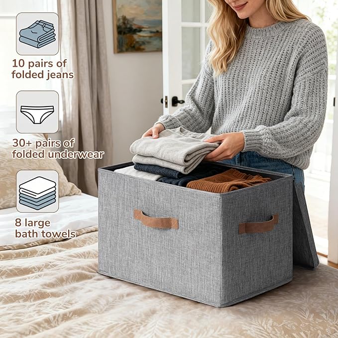 CHICVITA 4-Pack Large Fabric Storage Bins with Lids for Closet,Grey | 17.1" x 11.2" x 11.6" Storage Boxes for Shelves with Support Plate Fit Bedroom Storage Cubes with Handles for Clothes & Toys