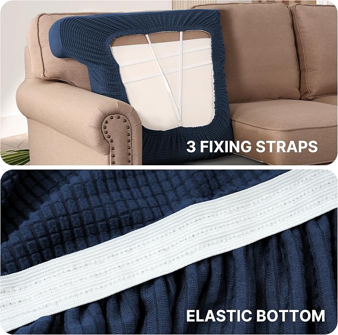 H.VERSAILTEX Stretch 3 Piece T Cushion Sofa Slipcovers Individually Sofa Cushion Covers for 3 Cushion Couch Sofa Seat Cushion Covers with Elastic Bands Featuring Thicker Jacquard Fabric, Navy