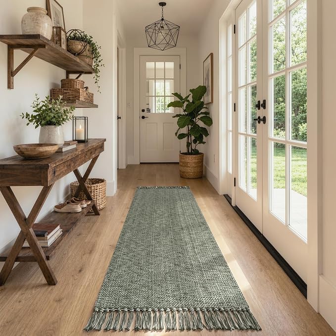 Collive Sage Green Kitchen Runner Rug, Modern Farmhouse Hallway Runner Rug Boho Washable Bathroom Rugs, 2.6' x 8' Braided Entry Hall Carpet for Laundry Bedroom Decor