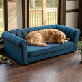 Elevated XL Large Dog Sofa with Backrest and Armrests, 55" Button Tufted Dog Couch Bed with Soft Cushion for Large Dogs, Stylish Lounging Bed Pet Couch Chair, 120Lbs Weight Capacity, Dark Blue