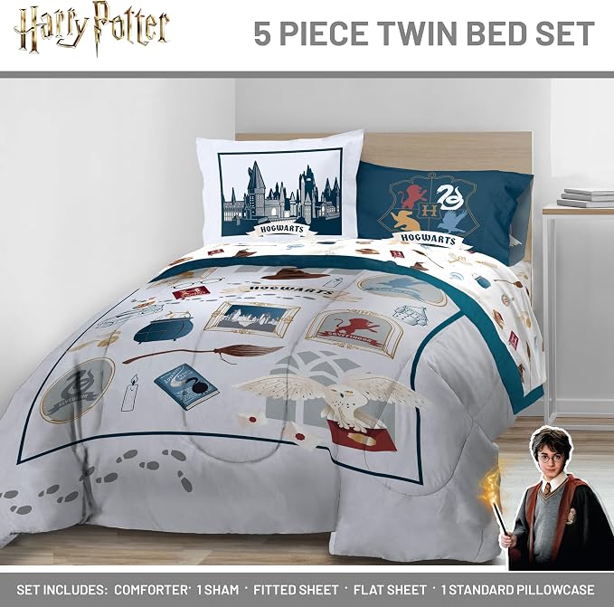 Harry Potter Twin Comforter Set 5 Piece Soft Hogwarts Bedding, Grey | Hedwig, Bed in a Bag, Comforter Sheets Sham Pillowcase, Official Product, Soft Microfiber, Machine Washable, Kids Gift