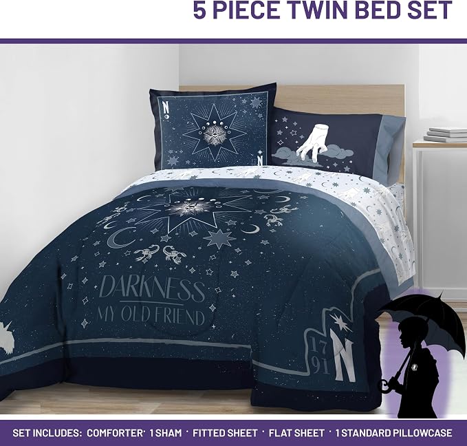 Wednesday Addams Twin Comforter Set 5 Piece Bedding for Girls, Blue | Bed in a Bag, Comforter Sheets Sham Pillowcase, Official Product, Soft Microfiber, Machine Washable, Girls Gift