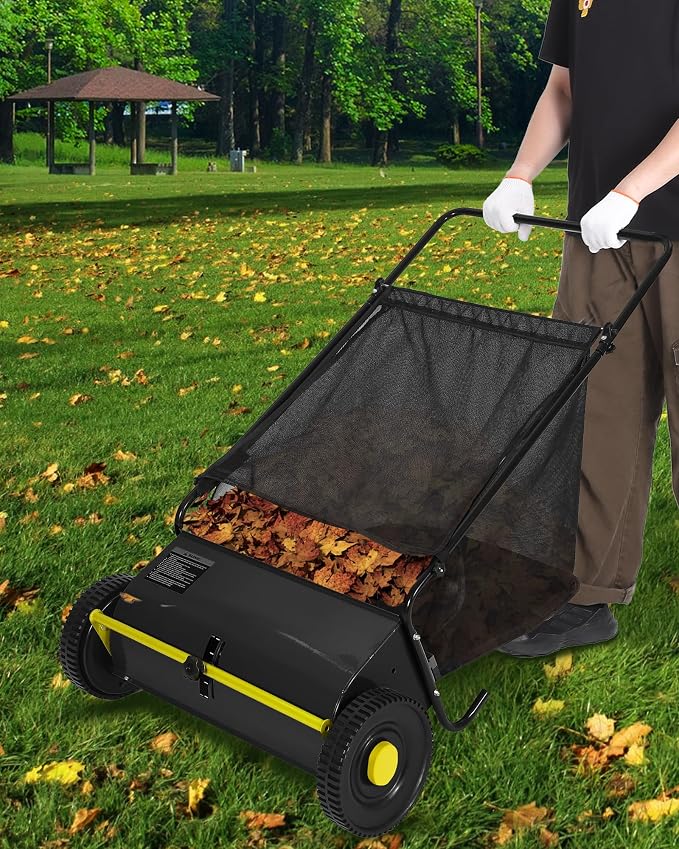 26 Inch Push Lawn Sweeper, 7 Cu.ft Large Capacity Leaf Collector with 4 Spinning Brushes, Adjustable Height Heavy Duty Steel Frame Lawn Sweeper with Rubber Wheels for Yard Garden Grass Leaves Debris
