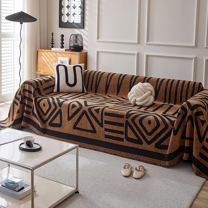 HANDONTIME Boho Geometric Couch Covers for Sofa Pet Friendly Brown and Black Sofa Covers Washable Chenille Couch Blanket Cover for 1 2 Cushion Couches Pet Protector Furniture Cover Soft, 71" X 102"