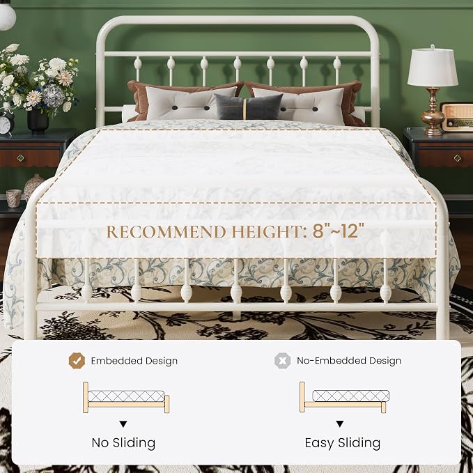 SHA CERLIN Queen Metal Bed Frame with Victorian Iron-Art Headboard, Cream | Victorian Iron-Art Headboard and Footboard, Easy Assembly, Under Bed Storage, No Box Spring Required
