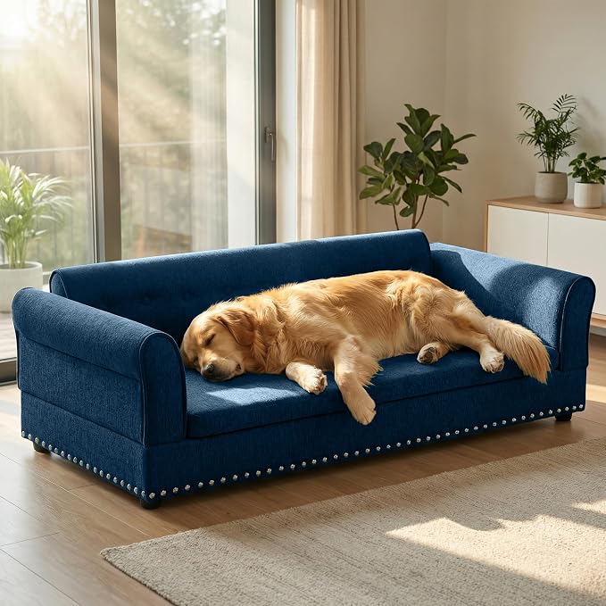 Elevated Dog Sofa for Medium to Large Dogs, Button Tufted Dog Couch Bed with Backrest and Armrests, Durable Memory Foam Pet Bed, Removable Cushion for Medium and Large Dogs, Dark Blue