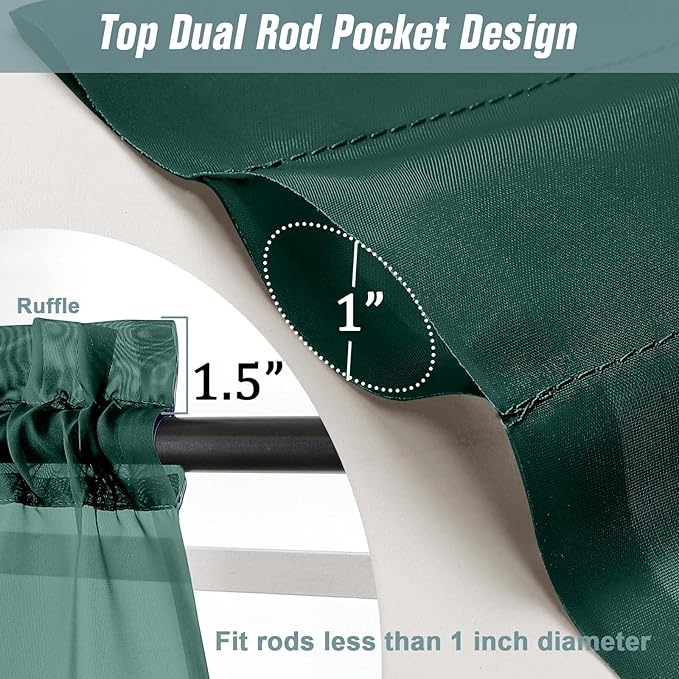 Green Sheer Curtains for Window 72 inches Long 2 Panels, Soft Airy Light Filtering Sheer Curtains for Christmas Decoration, Dual Rod Pocket Solid Window Drapes, Hunter Green, 2x42Wx72L inches