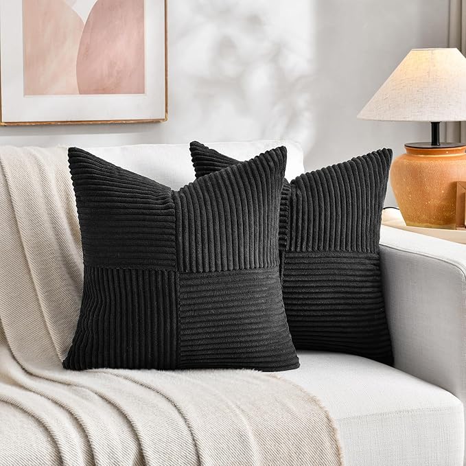 Fancy Homi 2 Packs Black Decorative Throw Pillow Covers 16x16 Inch for Living Room Couch Bed Sofa, Rustic Farmhouse Boho Home Decor, Soft Corss Patchwork Corduroy Textured Square Cushion Case 40x40 cm