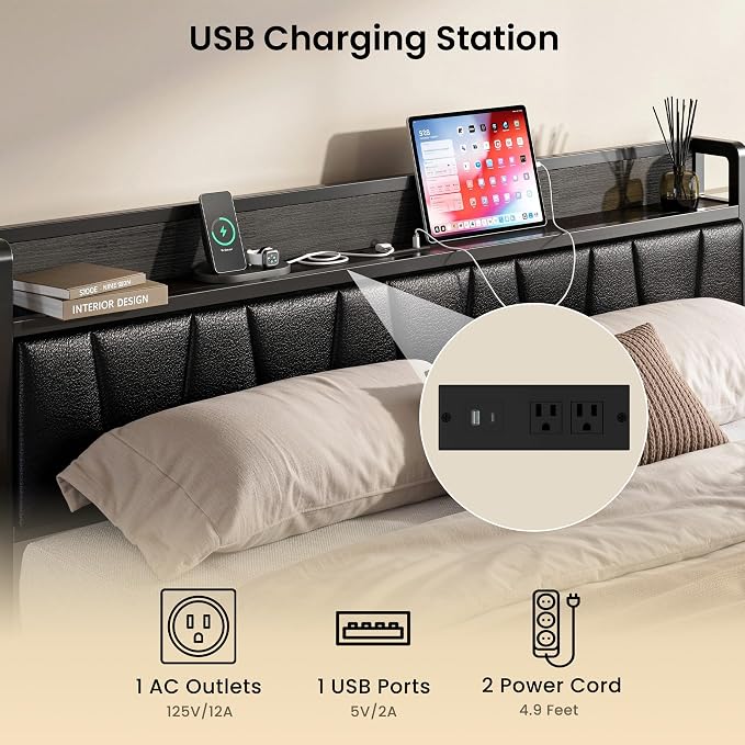 LIKIMIO King Bed Frame, PU Leather Storage Headboard with Charging Station, Solid and Stable, Noise Free, No Box Spring Needed, Easy Assembly, Black