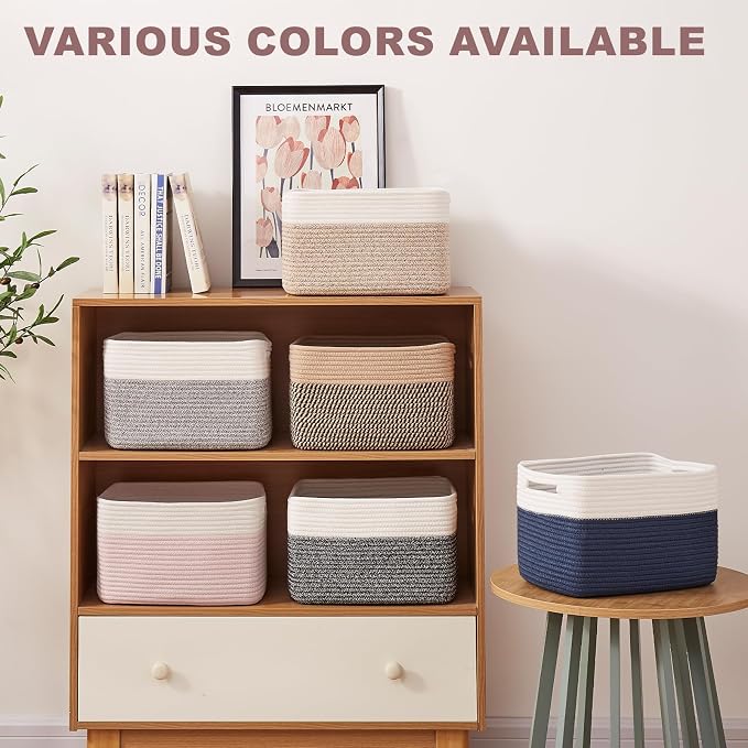 OIAHOMY 4 Pack Storage Basket, 13"x9"x7.8" Cotton Rope Baskets for Shelves, Closet Organizer for Bedroom & Living Room, Soft Decorative Bins for Organizing Towels, Books & Toys, Brown & Black