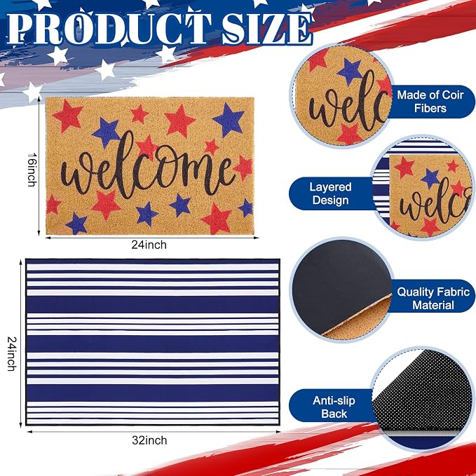 2 Pcs 4th of July Welcome Door Mat Patriotic Star Doormat White Blue Star Door Mats Non-Slip Coir Doormat with Stripes Layered Rug for America 250th Anniversary, Front Porch Entryway Decor