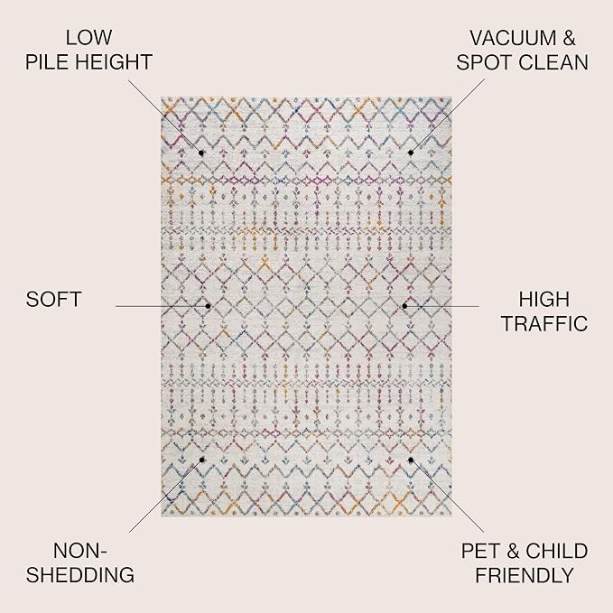 JONATHAN Y Boho Vintage Diamond Ivory/Multi Indoor Area Rug 4X6 ft, Moroccan Hype for Living Room, Bedroom, Kitchen, Office, Easy-Cleaning, High Traffic, Pet-Friendly, Non-Shedding (MOH101E-4)