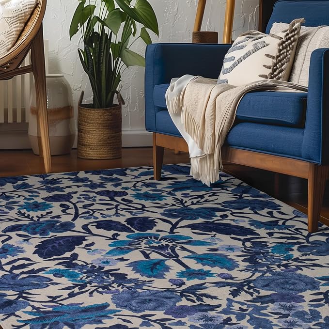 EVERGRACE Area Rugs for Living Room 4x6, Boho Floral Faux Wool Indoor Outdoor Rugs, Washable Rugs for Bedroom Entryway Dining Room Hallyway, Low Pile Floor Mat Carpet for Home Decor, Celtic Blue