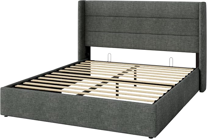 Allewie Queen Size Lift Up Hydraulic Storage Bed Frame Dark Grey | Modern Wingback Headboard, Hydraulic Support Storage, No Box Spring Needed