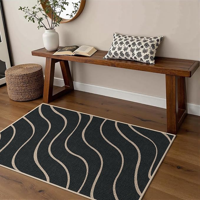 Easy Jute 2x3 Black Wave Area Rug,Washable Entryway Rug, Small Modern Door Carpet,Neutral Non-Slip Outdoor Indoor Farmhouse Rug for Kitchen Patio Entry Porch