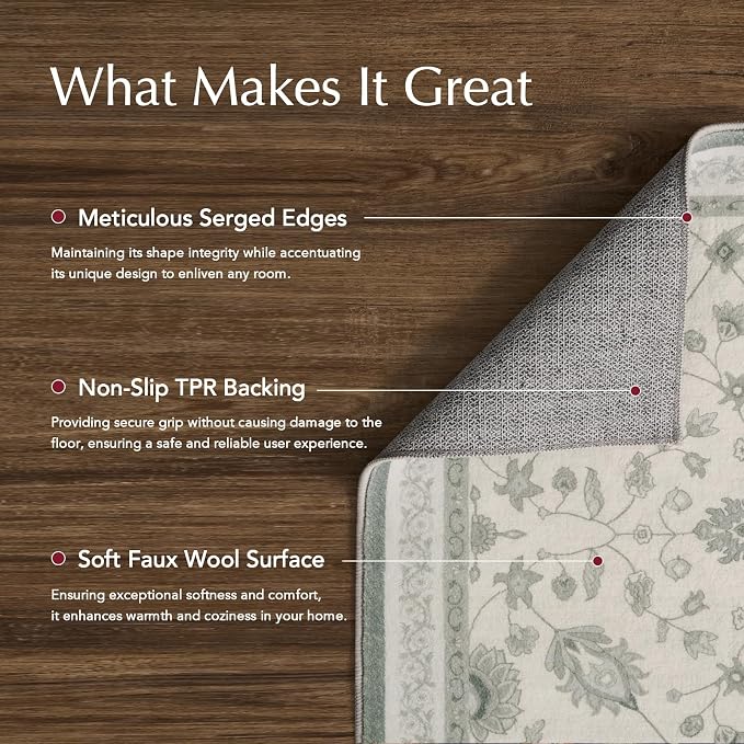 EVERGRACE Area Rugs for Living Room 9x12, Boho Floral Faux Wool Indoor Outdoor Rugs, Washable Rugs for Bedroom Dining Room Entryway Kitchen, Low Pile Floor Mat Carpet for Home Decor, Cool Gray