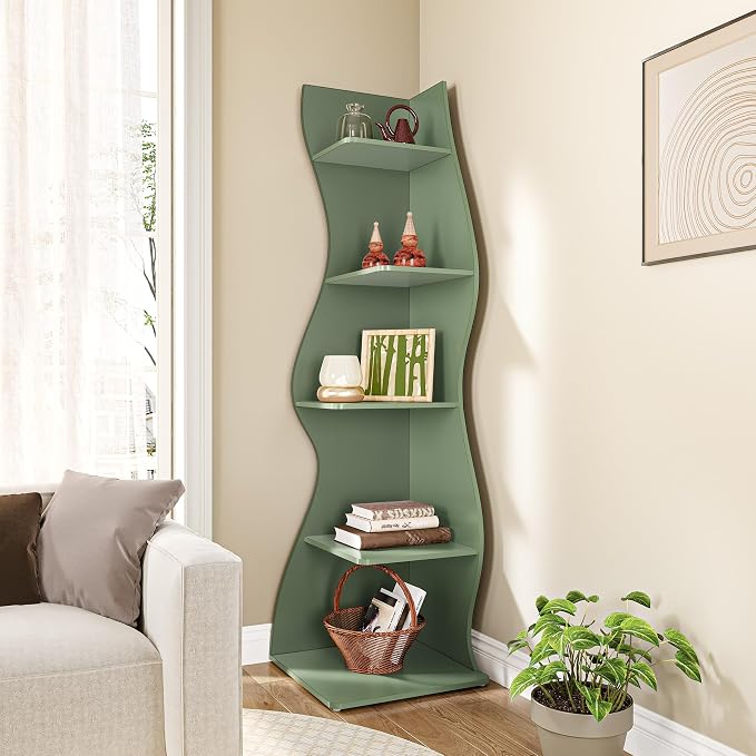 LITTLE TREE Small Corner Shelf, Modern 5-Tier Wall Corner Bookshelf, Stylish Bookcase Storage Rack for Small Space, Living Room, Bedroom, Green, 2 Pack