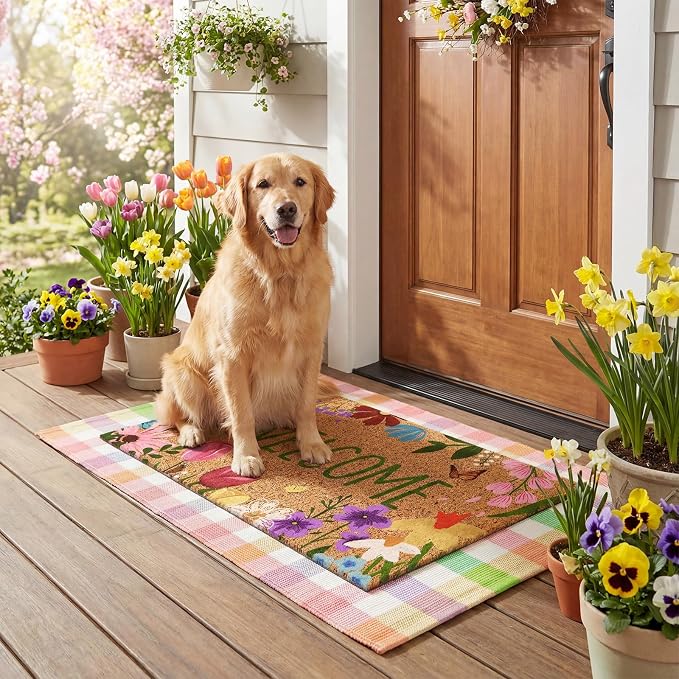 Moucuny 2 Pcs Farmhouse Coir Doormat Outdoor Flower Welcome Outdoor Rug Front Porch Mats Layered Colorful Plaid Rugs for Front Door Porch Entryway Decor