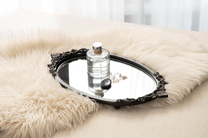 Kate and Laurel Arendahl Vintage Oval Mirrored Decorative Tray; 17 x 10; Antique Black; Traditional Ottoman Tray for Living Room Home Decor with Ornate Detailing