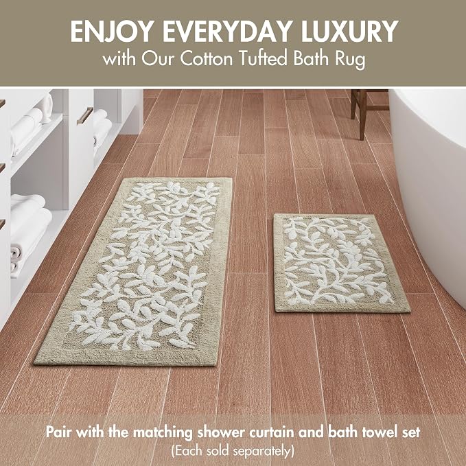 Madison Park Serene Tufted Bath Rug Cotton Absorbent, 21 x 34, Taupe | Quick Dry, Soft Pile, Machine Washable, Floral Pattern, Plush, OEKO-TEX Certified