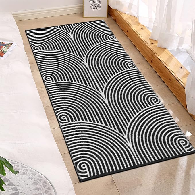 Tiffasea Black and White Kitchen Rug 2'x4' Washable Indoor Outdoor Rugs | Machine Washable Rug Cotton Hand-Woven Modern Area Rug Front Door Rug for Living Room/Entryway/Laundry/Bathroom/Bedroom
