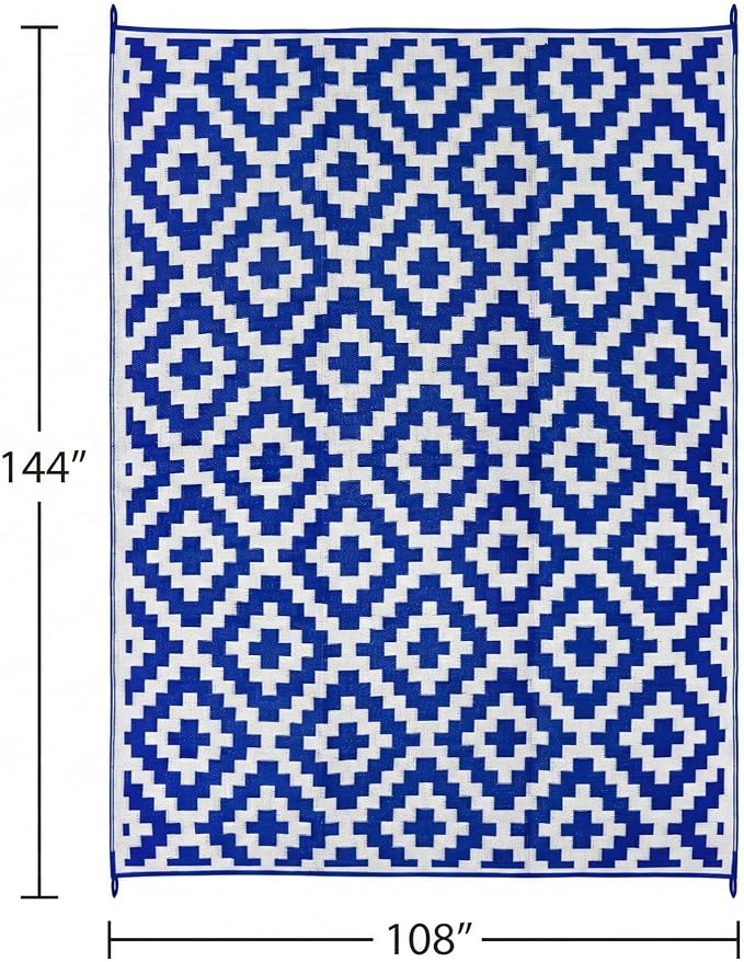 FH Home Outdoor Camping Rug - Waterproof, Fade Resistant, Reversible - Premium Recycled Plastic - Geometric - Large Patio, Deck, Sunroom, RV - Aztec - Blue & White - 9 x 12 ft Foldable