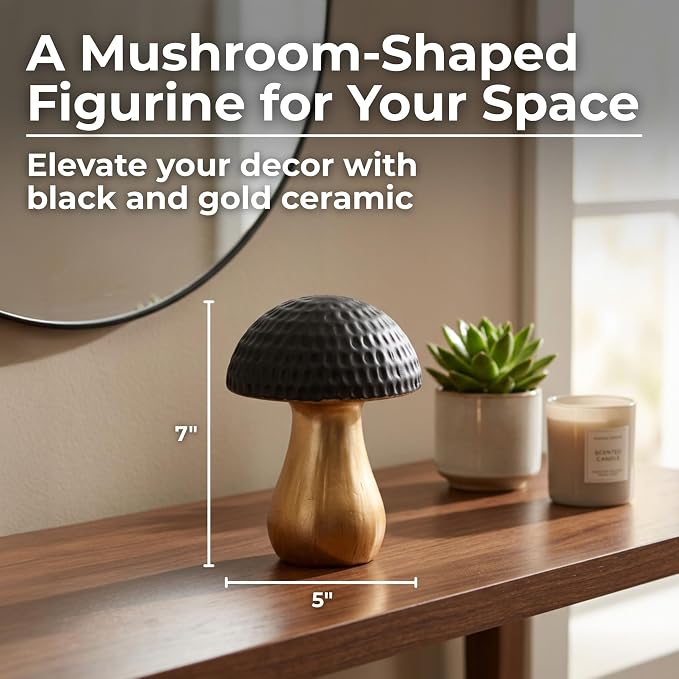 Ceramic Figurine Statue – Sculptural Room Decor Accent, for Shelf, Desk, or Console Placement, Black and Gold Mushroom–Inspired Modern Home Decor Art Design – 7", Black & Gold Finish