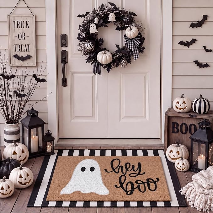 Tinideya 2 Pcs Halloween Door Mat Outdoor Hey Boo Ghost Welcome Doormats for Front Door Non Slip Ghost Coir Floor Mat Black White Stripe Halloween Rug for Entryway Front Porch Outside Decor
