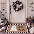 Tinideya 2 Pcs Halloween Door Mat Outdoor Hey Boo Ghost Welcome Doormats for Front Door Non Slip Ghost Coir Floor Mat Black White Stripe Halloween Rug for Entryway Front Porch Outside Decor