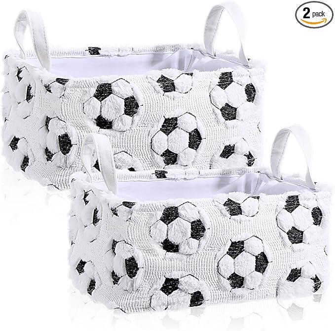 2 Pcs Soccer Storage Baskets 14x10'' Back to School Gift Basket Foldable Fluffy Laundry Storage Bin with Handle Sport Theme Closet Organizer for Preppy Dormitory Countertop Tabletop Shelf