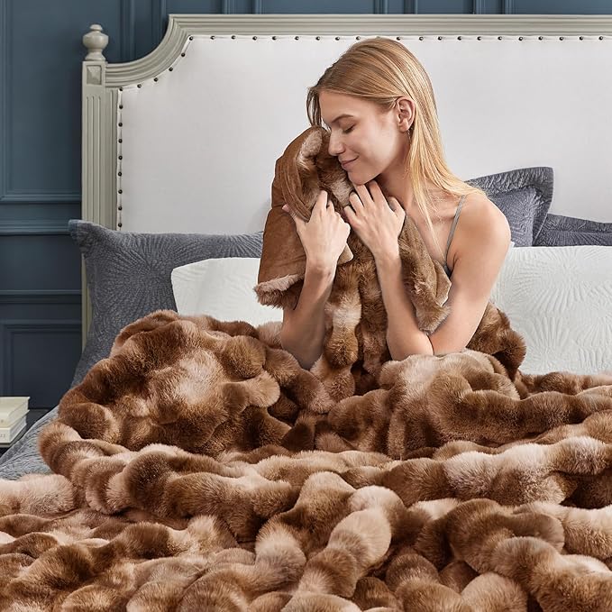 Cozy Bliss Faux Fur Throw Blanket for Couch, Fuzzy Soft Plush Thick Bubble Blanket for Sofa Bedroom Living Room, 60 * 80 Inches Tie Dye Brown