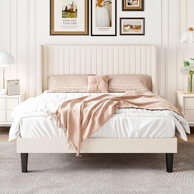 SHA CERLIN Full Size Velvet Bed Frame, Tufted Wingback Headboard, Cream | 47'' Modern Vertical Channel Headboard, Upholstered Platform Bed, Wood Slats, No Box Spring Needed, Easy Assembly, Noise Free