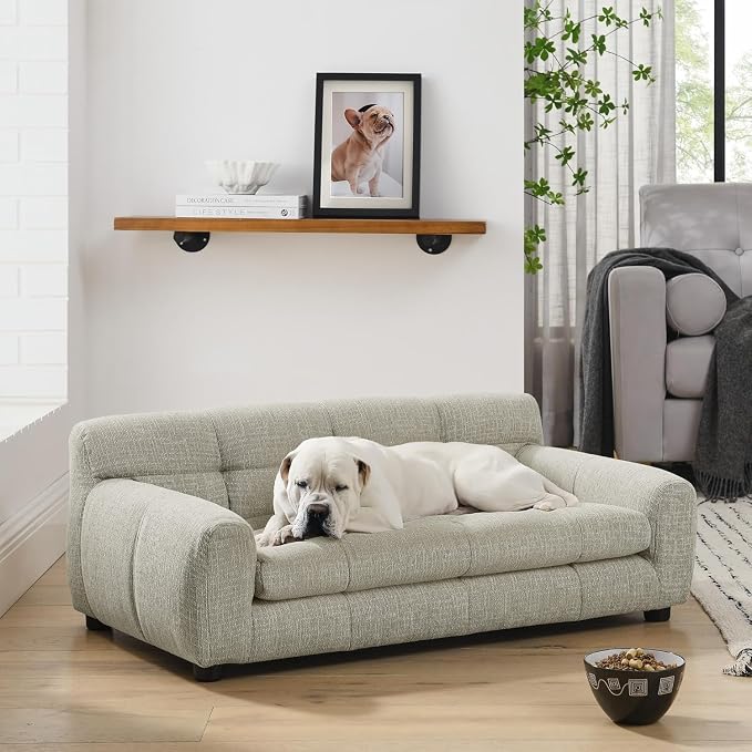 Dog Couch Bed, 38" Sofa for Dogs with Backrest and Armrest, Durable Pet Sofa with Soft Foam Cushion, Elevated Dog Couch Bed with Legs for Medium Dogs, Beige