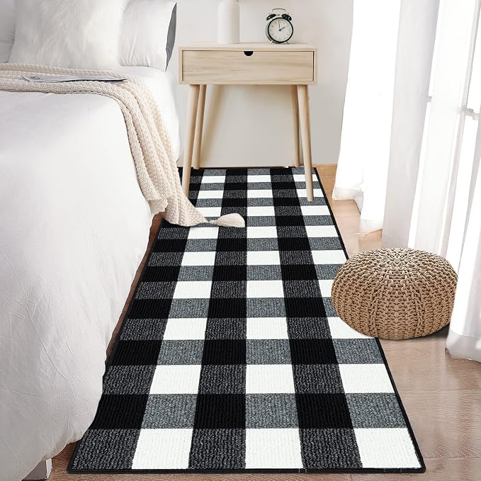 FONEYI Buffalo Plaid Outdoor Rug for Front Door Mats, 2'x6' Black and White Checkered Layered Door Mat with Non Slip Backing, Washable Entryway Rug for Porch, Front Porch and Farmhouse Decor
