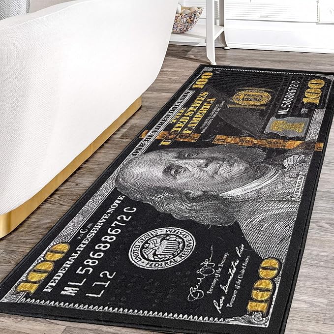 HUAHOO Black Money Rugs 100 Dollar Bill Cool Area Rug Door Mat Runner for Living Room Bedroom Indoor Outdoor Rug (31.5" x 78.7")