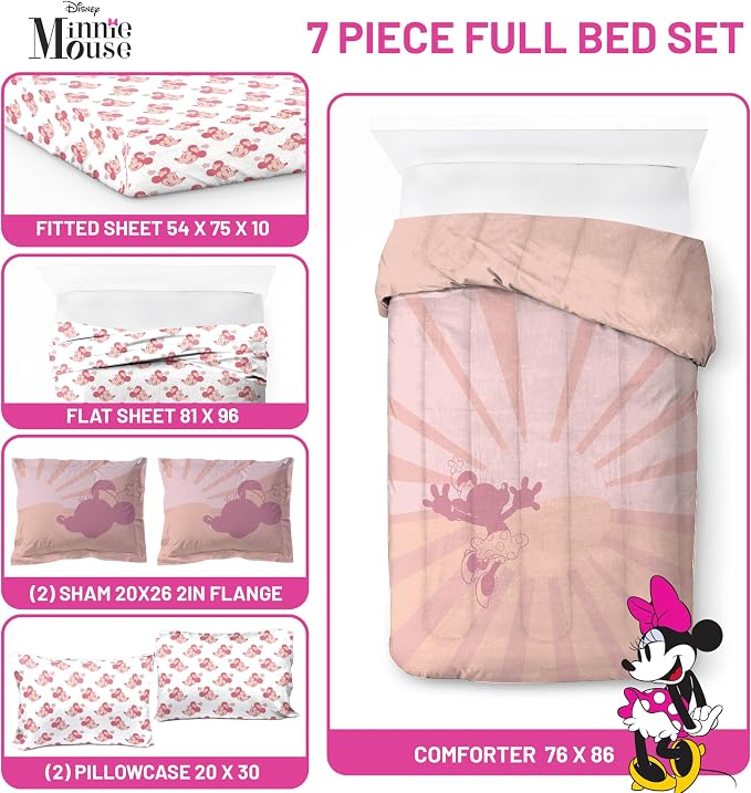 Disney Minnie Mouse Full Comforter Set 7 Piece Bedding for Girls, Pink | Bed in a Bag, Comforter Sheets Shams Pillowcases, Official Product, Soft Microfiber, Machine Washable, Girls Gift