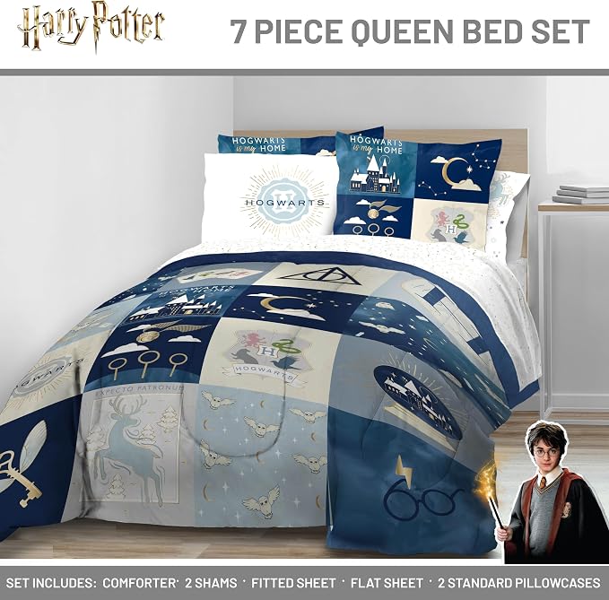 Harry Potter Queen Comforter Set 7 Piece Soft Hogwarts Bedding, Multi | Fantasy, Bed in a Bag, Comforter Sheets Shams Pillowcases, Official Product, Soft Microfiber, Machine Washable, Kids Gift
