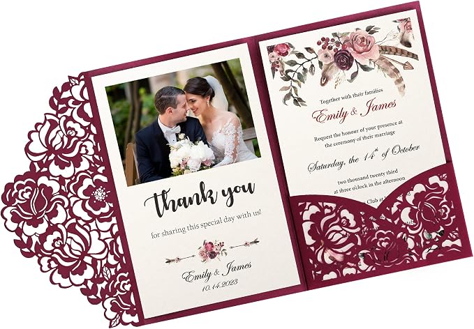 DORIS HOME 50Pcs Personalized Laser Cut Wedding Invitations, Burgundy | 4.7"x7.1", Customized Anniversary Invitations, With Envelopes