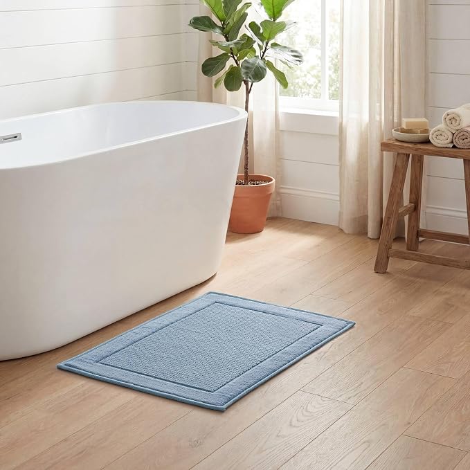 Madison Park Sanctuary 100% Cotton Non-Slip Bath Rug, 24x36 Inch, Blue | Low-Profile Woven Design, Ultra Soft Absorbent & Machine Washable, Ideal for Bathroom Bedroom and Entryway Decor