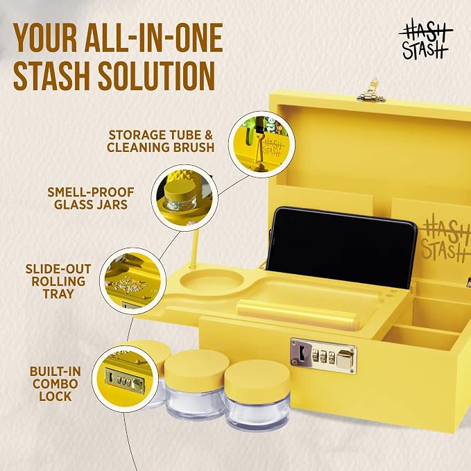 HASHSTASH The OG Storage Box - Large Bamboo Box with Combination Lock, Magnetic Lid, Organizer Tray, Airtight Tube and 3 Jars - Discreet Decorative Locking Wooden Box with Accessories (Yellow/Gold)