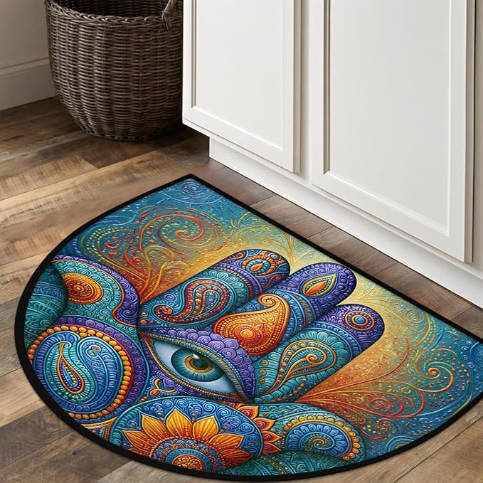 Abstract Half Round Door Mat Non Slip Half Circle Rugs | Art Rainbow Washable Half Moon Rug Semi Circle Rugs Indoor Entrance Floor Carpet for Kithen Bedroom Fireplace Decor